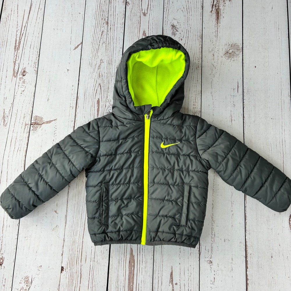 Nike Kids Puffer Jacket Grey Neon Yellow Hooded Full Zip Coat 24M 86-92cm